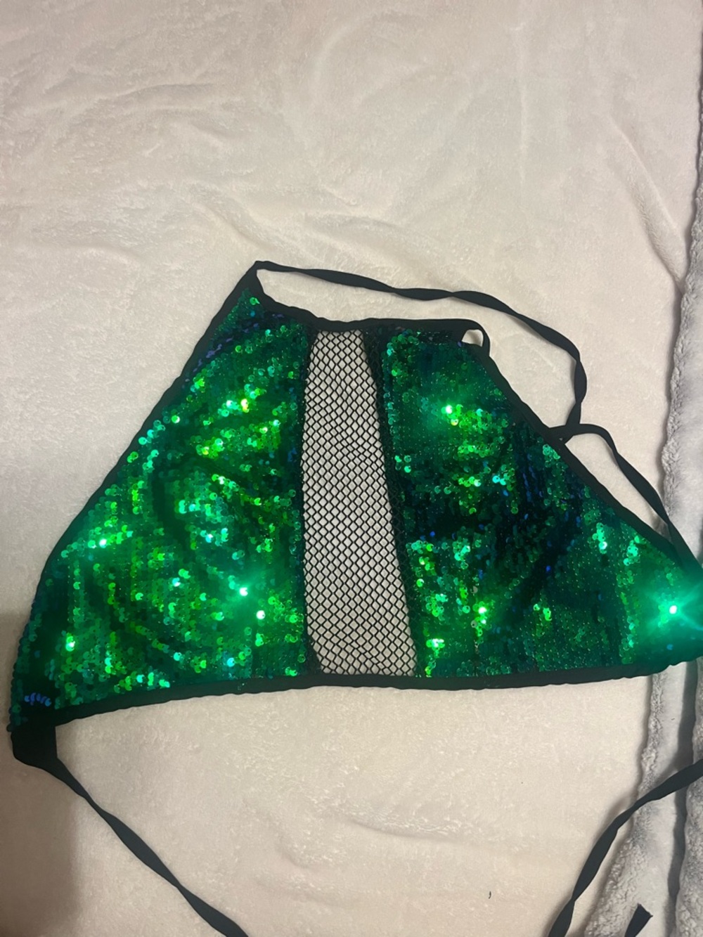 Green Sequin Halter Top with Black Mesh Panel